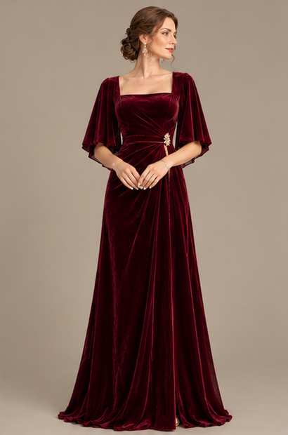 Burgundy Velvet Evening Gown with Cape Sleeves
