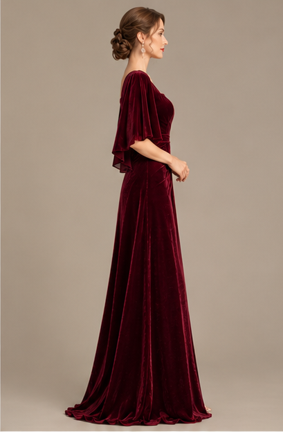 Burgundy Velvet Evening Gown with Cape Sleeves