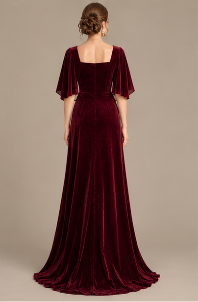 Burgundy Velvet Evening Gown with Cape Sleeves