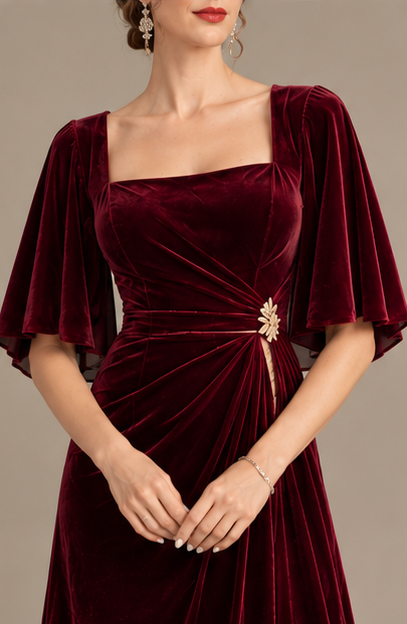 Burgundy Velvet Evening Gown with Cape Sleeves