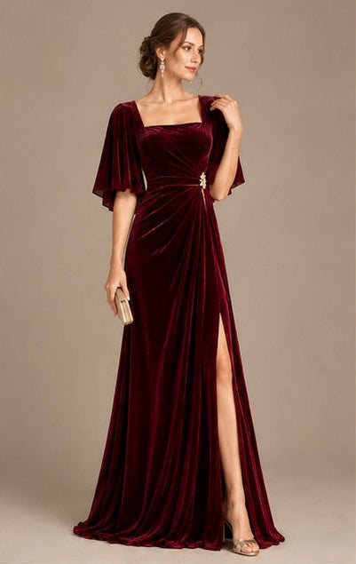 Burgundy Velvet Evening Gown with Cape Sleeves