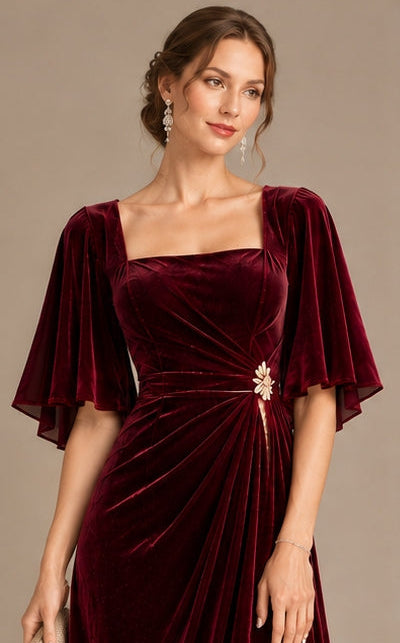 Burgundy Velvet Evening Gown with Cape Sleeves