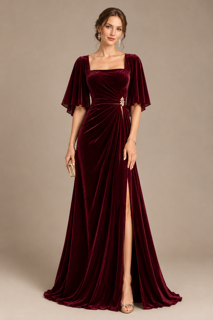 Burgundy Velvet Evening Gown with Cape Sleeves