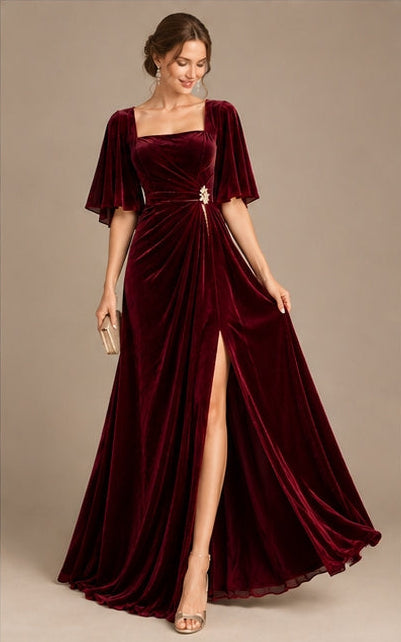 Burgundy Velvet Evening Gown with Cape Sleeves