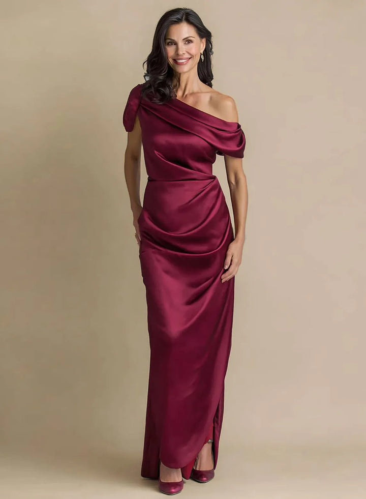 Veloria One-Shoulder Draped Satin Dress with High Slit