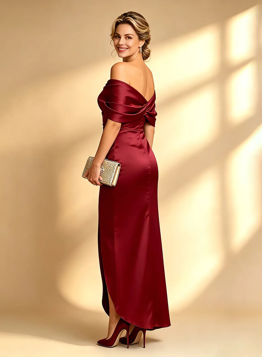Veloria Burgundy Off-the-Shoulder Satin Sheath Dress with Side Slit