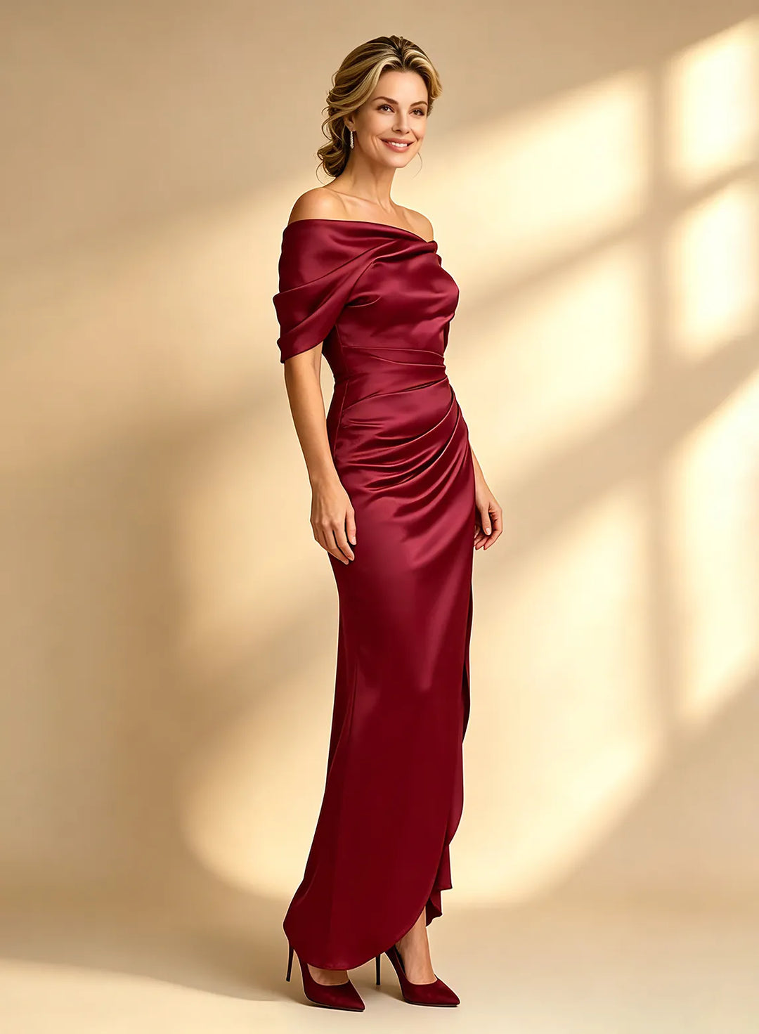 Veloria Burgundy Off-the-Shoulder Satin Sheath Dress with Side Slit
