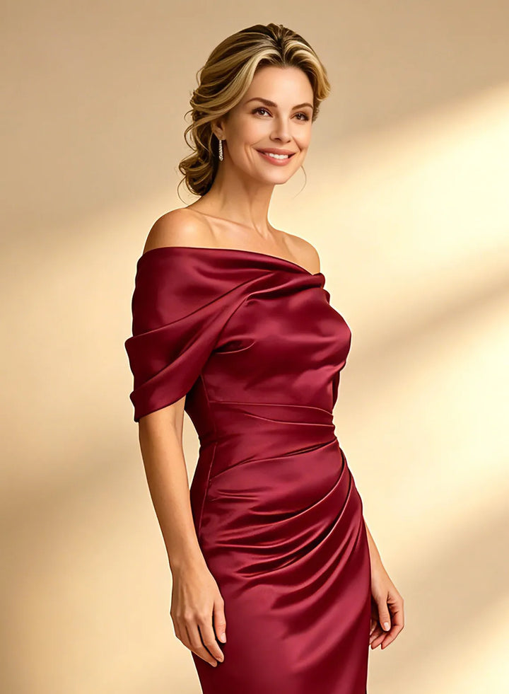 Veloria Burgundy Off-the-Shoulder Satin Sheath Dress with Side Slit