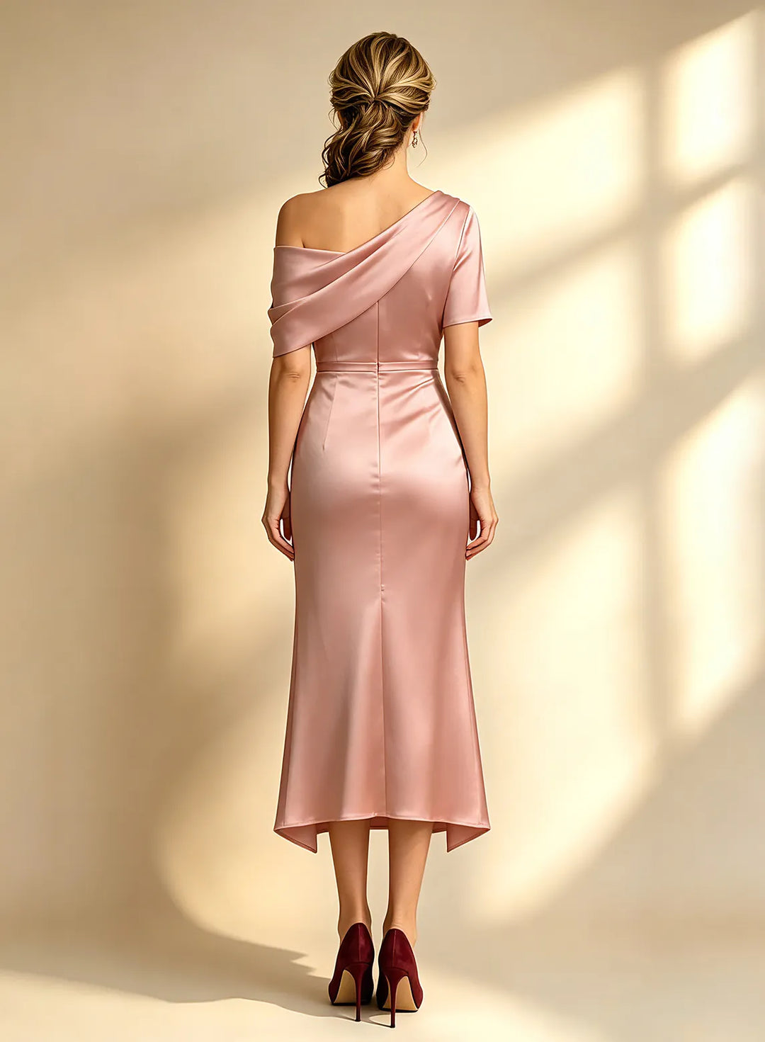 Veloria Dusty Rose One-Shoulder Satin Sheath Midi Dress