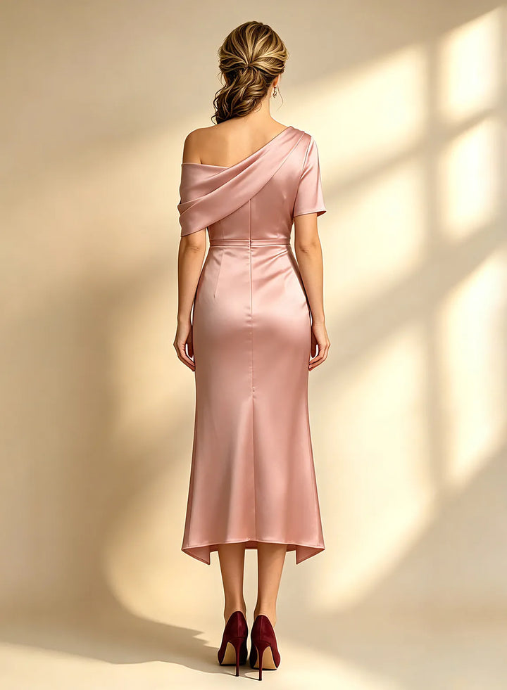 Veloria Dusty Rose One-Shoulder Satin Sheath Midi Dress