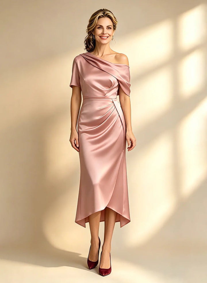 Veloria Dusty Rose One-Shoulder Satin Sheath Midi Dress