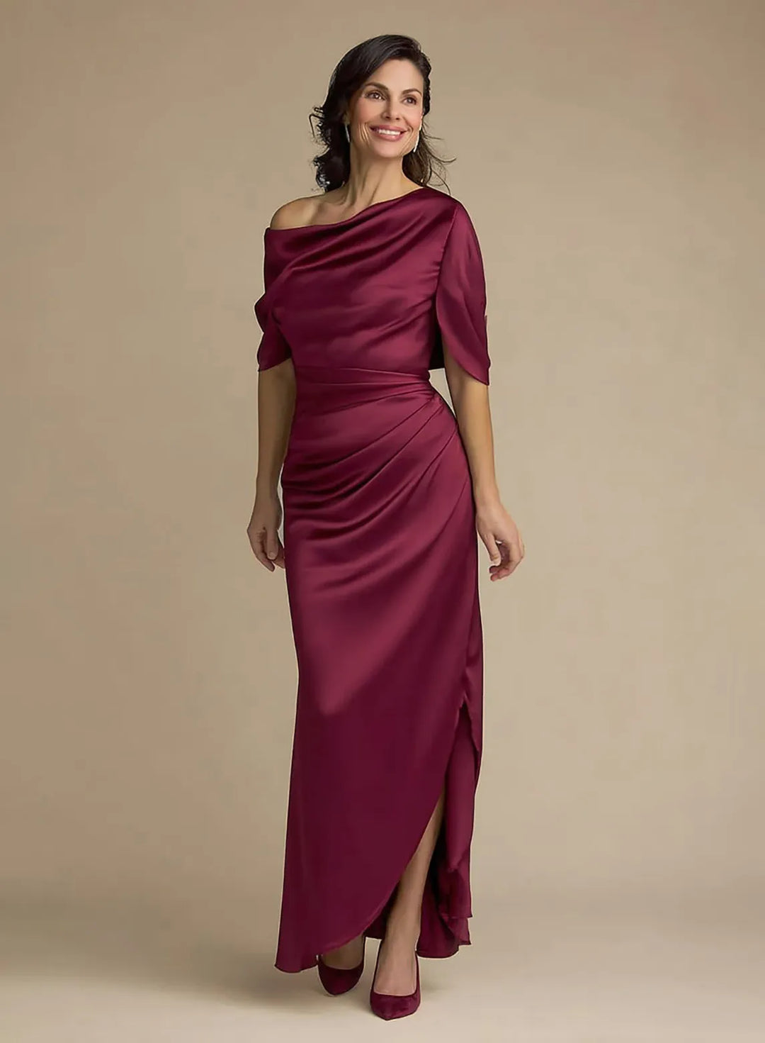 Veloria One-Shoulder Satin Dress with Draped Waist and Side Slit