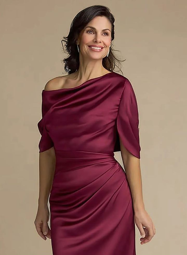 Veloria One-Shoulder Satin Dress with Draped Waist and Side Slit