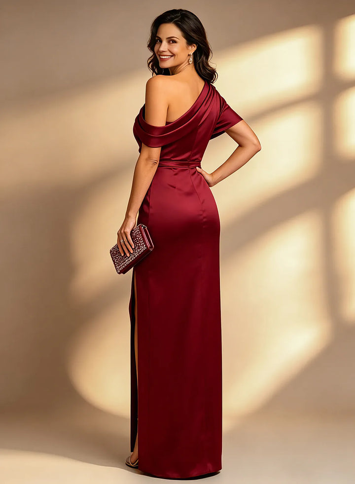 Veloria One-Shoulder Satin Gown with Draped Detail and High Slit