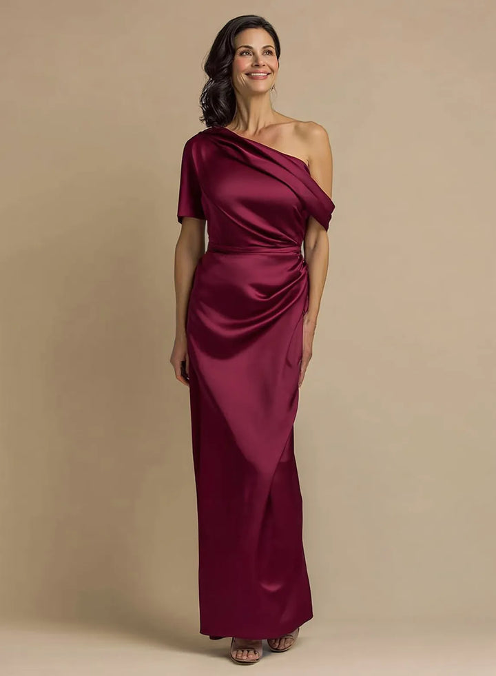 Veloria One-Shoulder Satin Gown with Draped Detail and High Slit