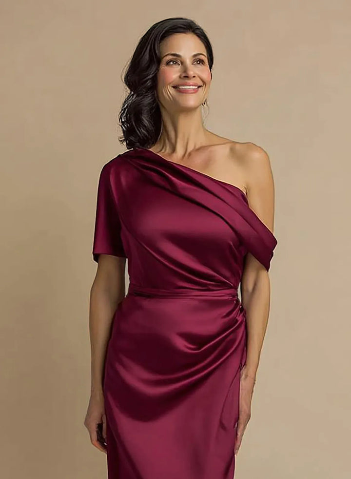 Veloria One-Shoulder Satin Gown with Draped Detail and High Slit