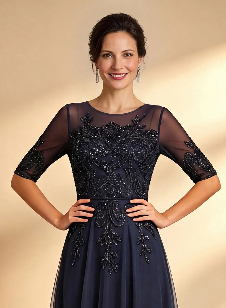 Veloria Dark Navy A-line Sequins Lace Dress