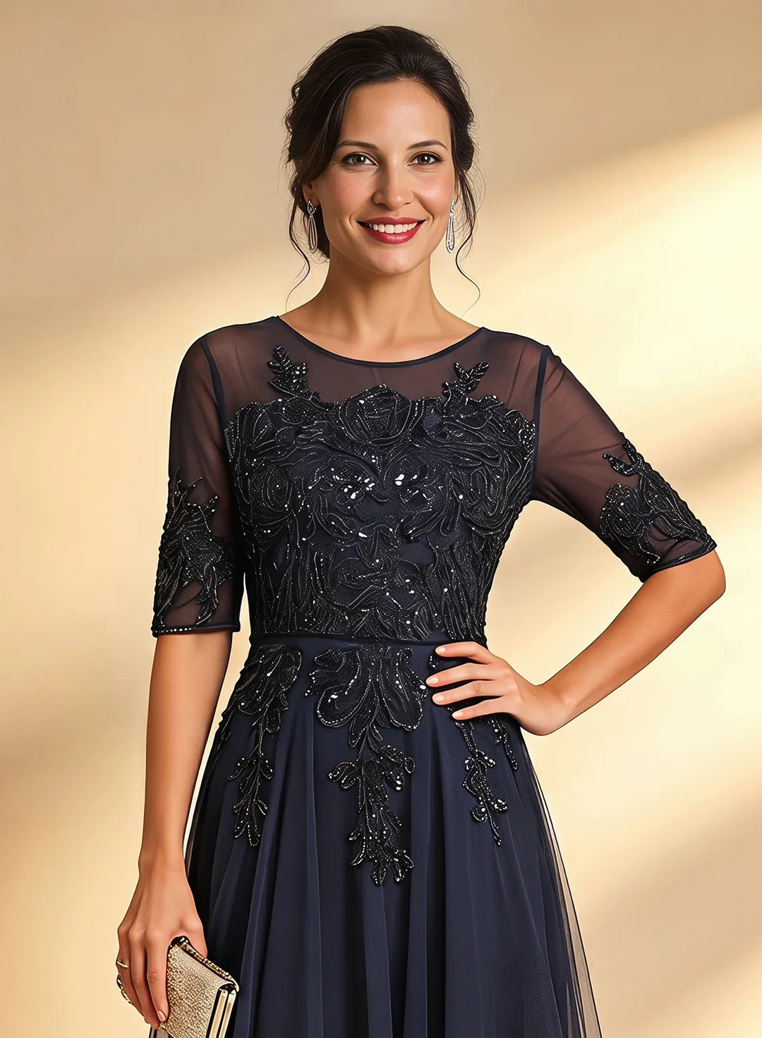 Veloria Dark Navy A-line Sequins Lace Dress