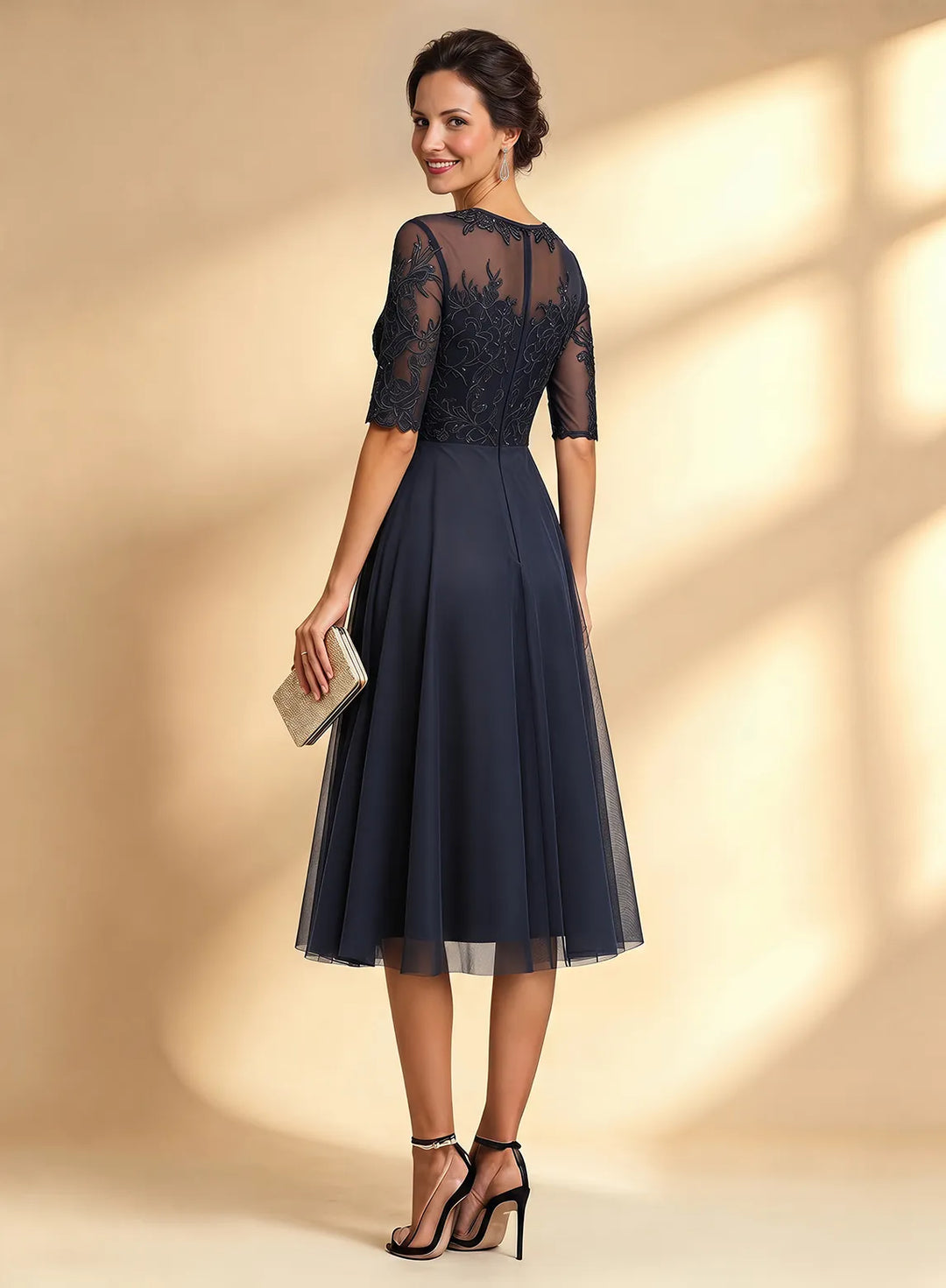Veloria Elegant Dark Navy Lace Tea-Length Dress with Sheer Sleeves
