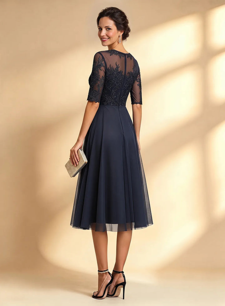 Veloria Elegant Dark Navy Lace Tea-Length Dress with Sheer Sleeves