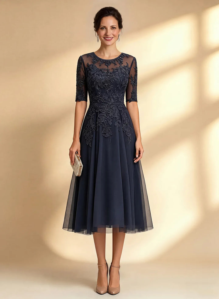 Veloria Elegant Dark Navy Lace Tea-Length Dress with Sheer Sleeves