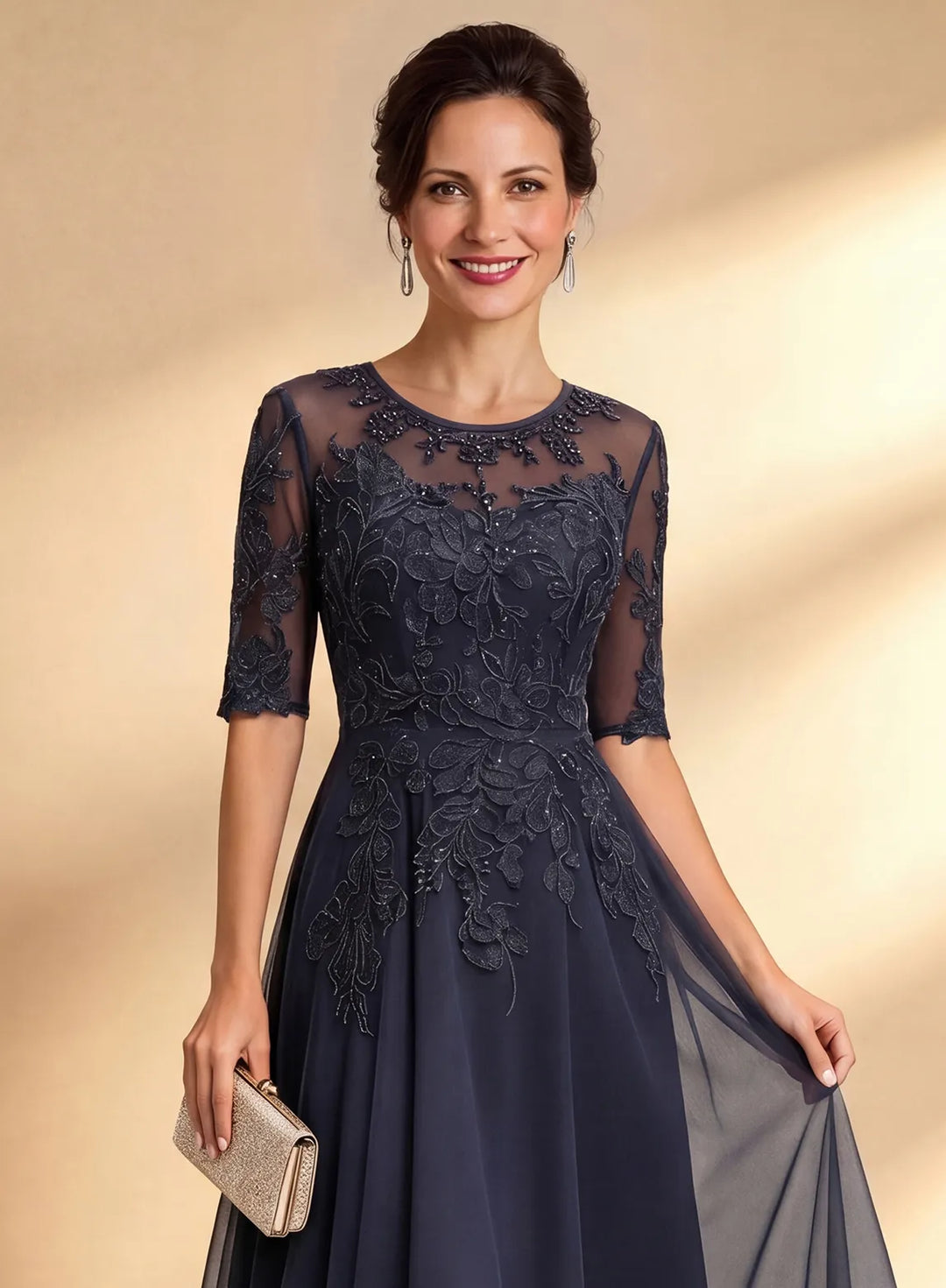 Veloria Elegant Dark Navy Lace Tea-Length Dress with Sheer Sleeves