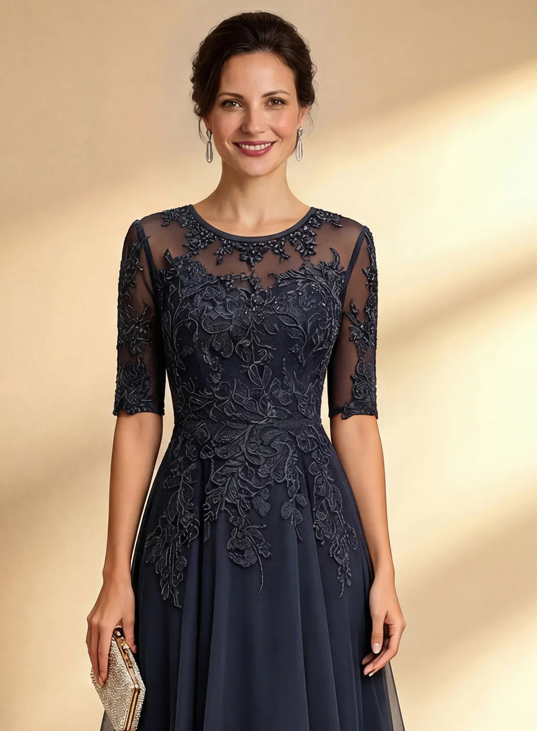 Veloria Elegant Dark Navy Lace Tea-Length Dress with Sheer Sleeves