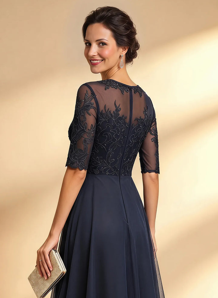 Veloria Elegant Dark Navy Lace Tea-Length Dress with Sheer Sleeves