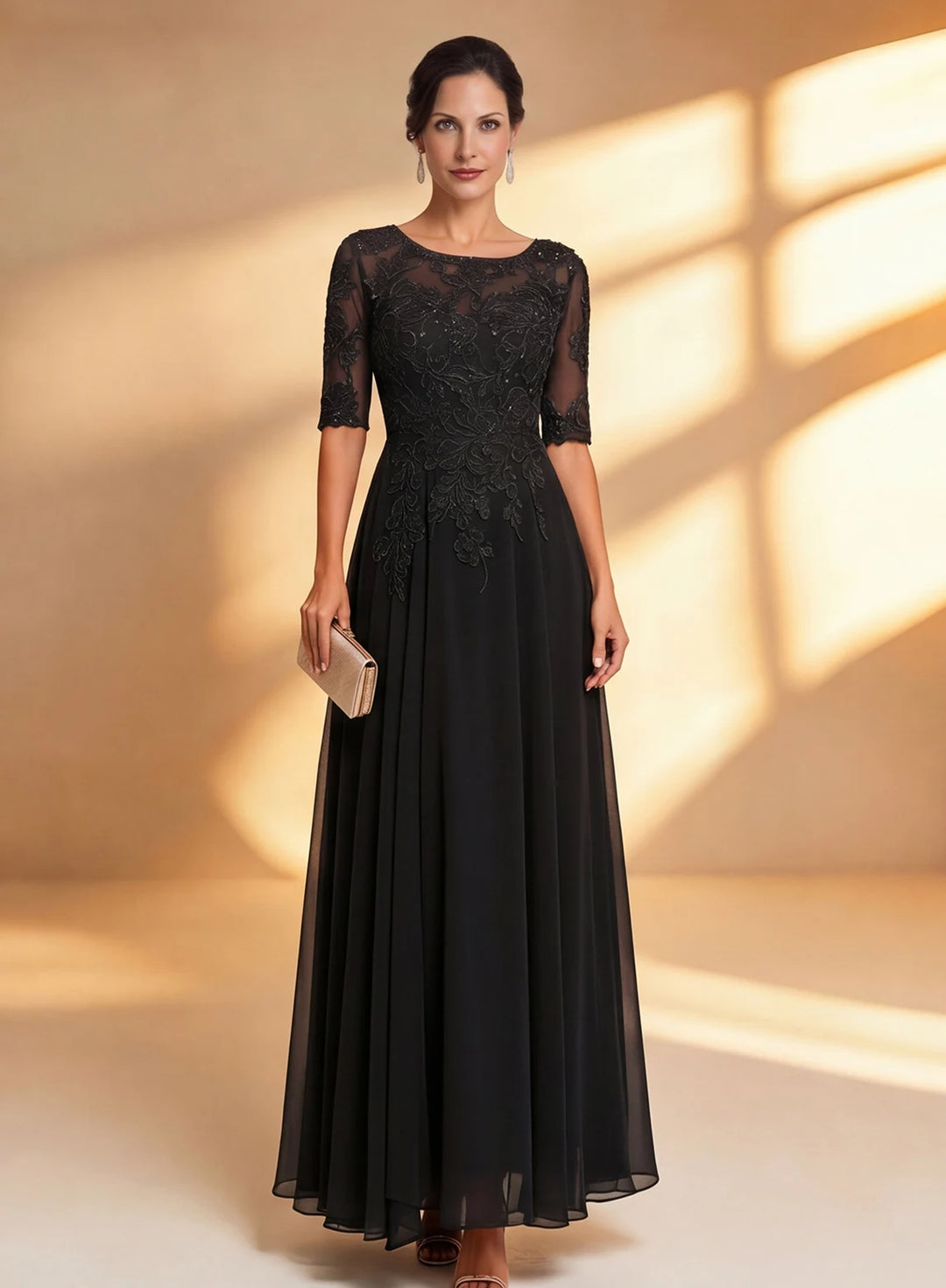 Veloria Elegant Navy Lace Midi Formal Dress