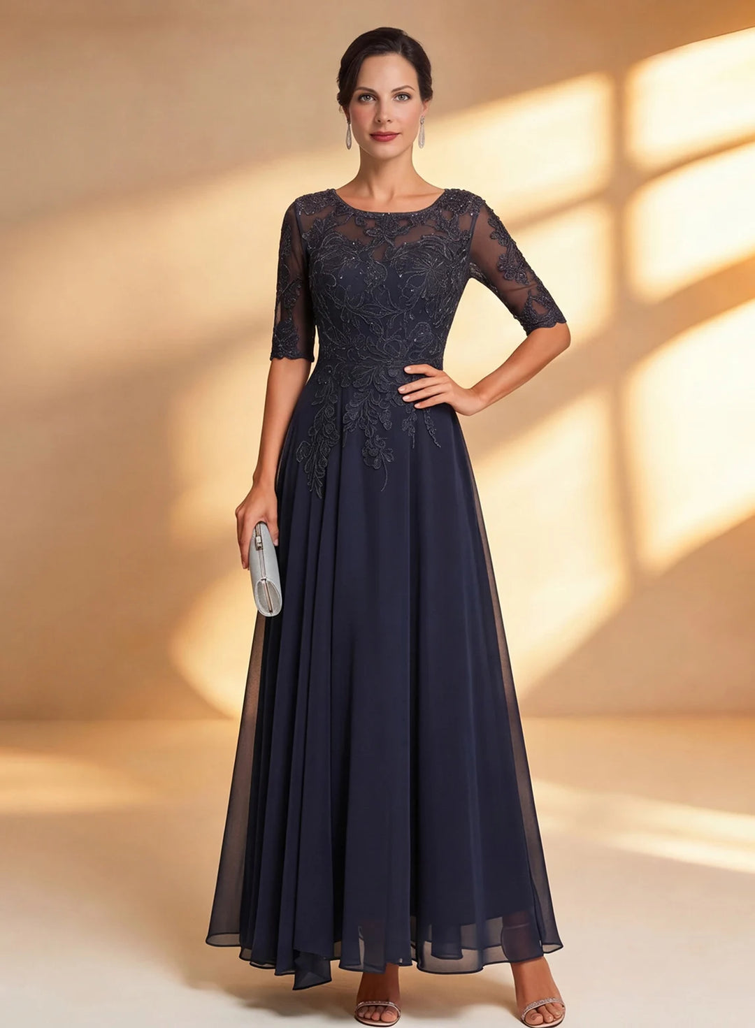 Veloria Elegant Navy Lace Midi Formal Dress
