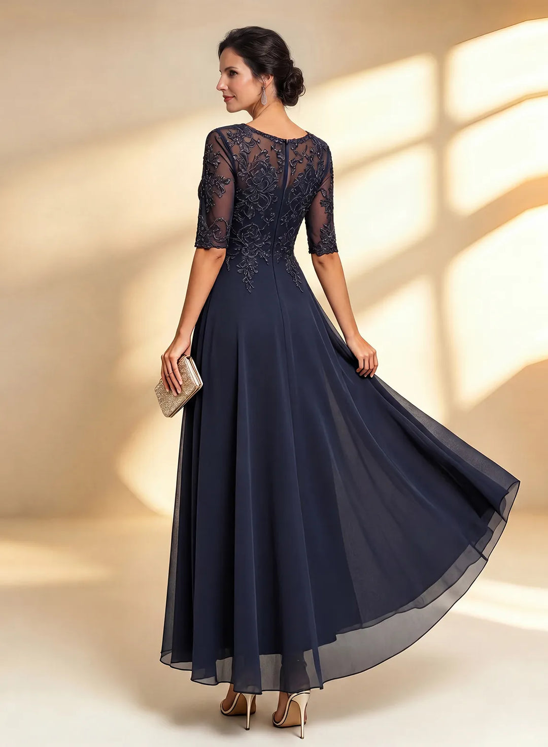 Veloria Elegant Navy Lace Midi Formal Dress