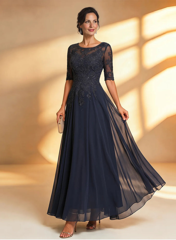 Veloria Elegant Navy Lace Midi Formal Dress