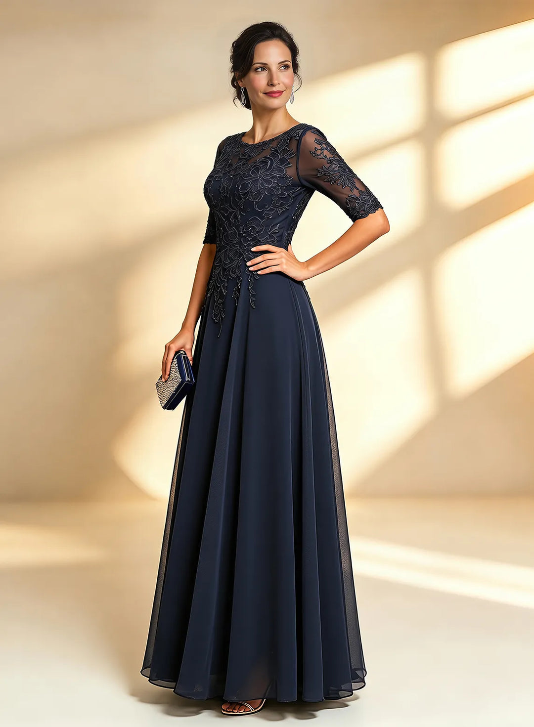 Veloria Elegant Navy Lace Midi Formal Dress