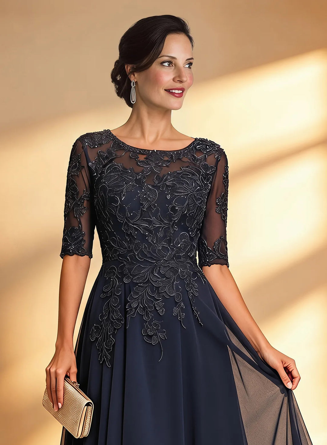 Veloria Elegant Navy Lace Midi Formal Dress