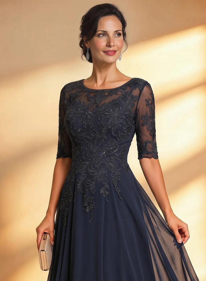 Veloria Elegant Navy Lace Midi Formal Dress
