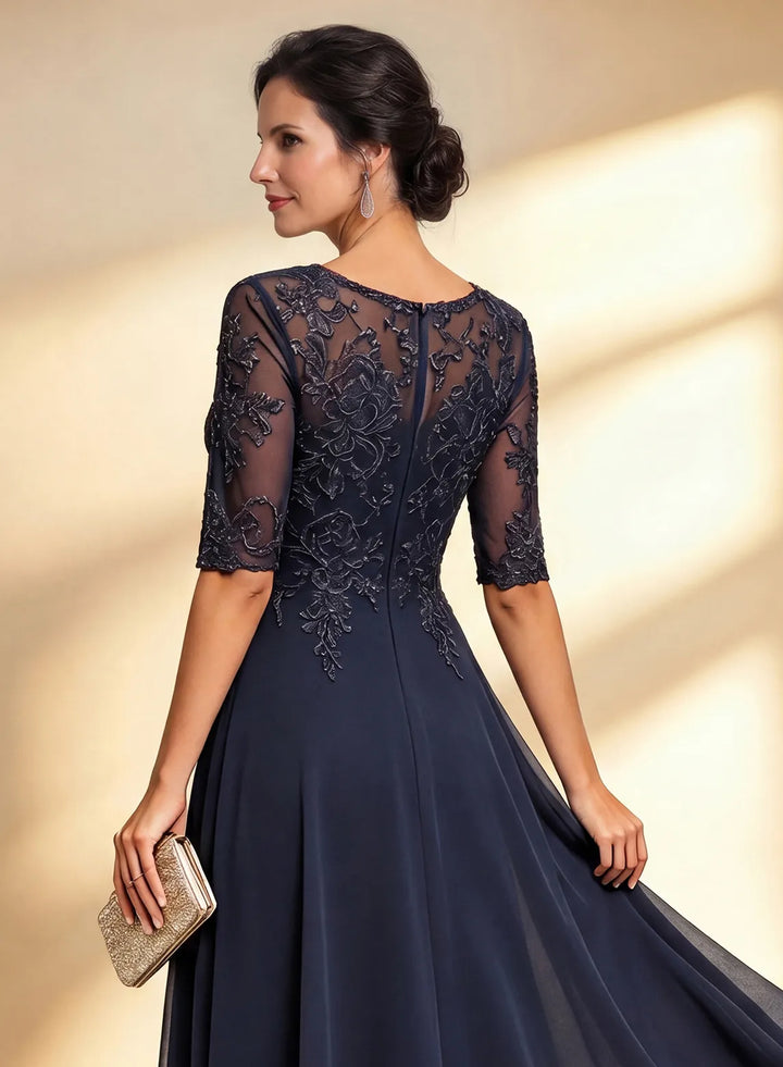 Veloria Elegant Navy Lace Midi Formal Dress