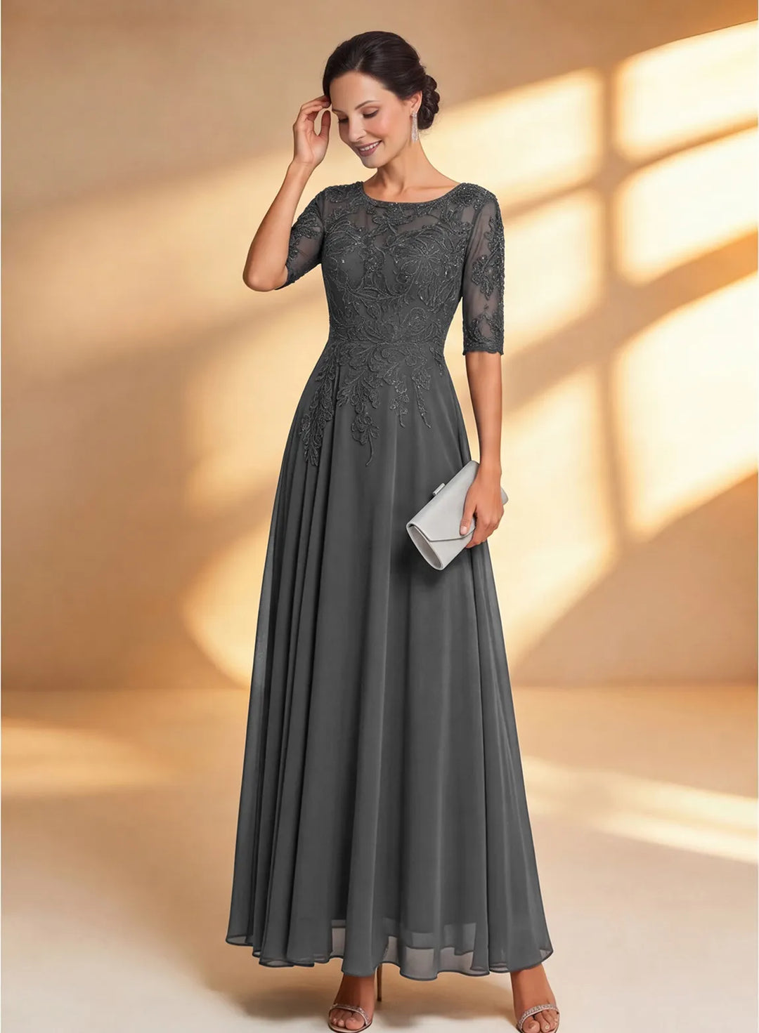Veloria Elegant Navy Lace Midi Formal Dress
