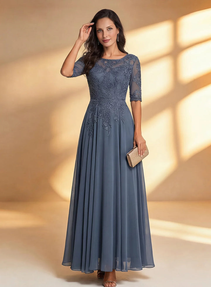 Veloria Elegant Navy Lace Midi Formal Dress