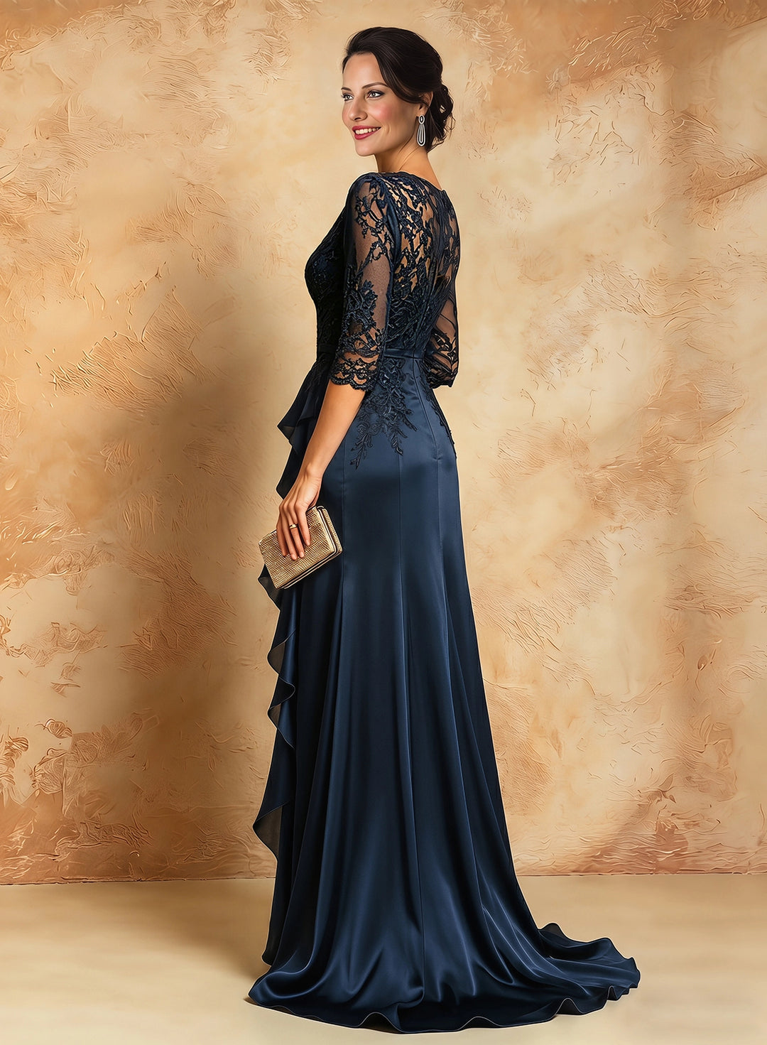 Veloria Flattering Navy Lace Mermaid Dress with Sheer Sleeves &amp; Ruffle Hem