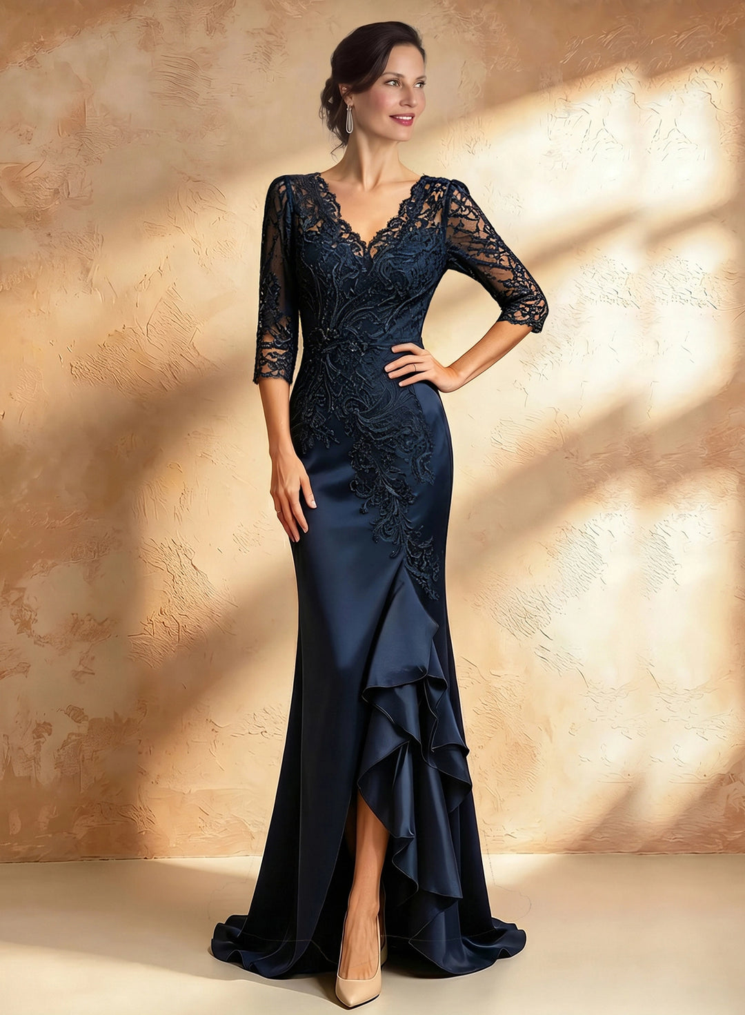 Veloria Flattering Navy Lace Mermaid Dress with Sheer Sleeves &amp; Ruffle Hem