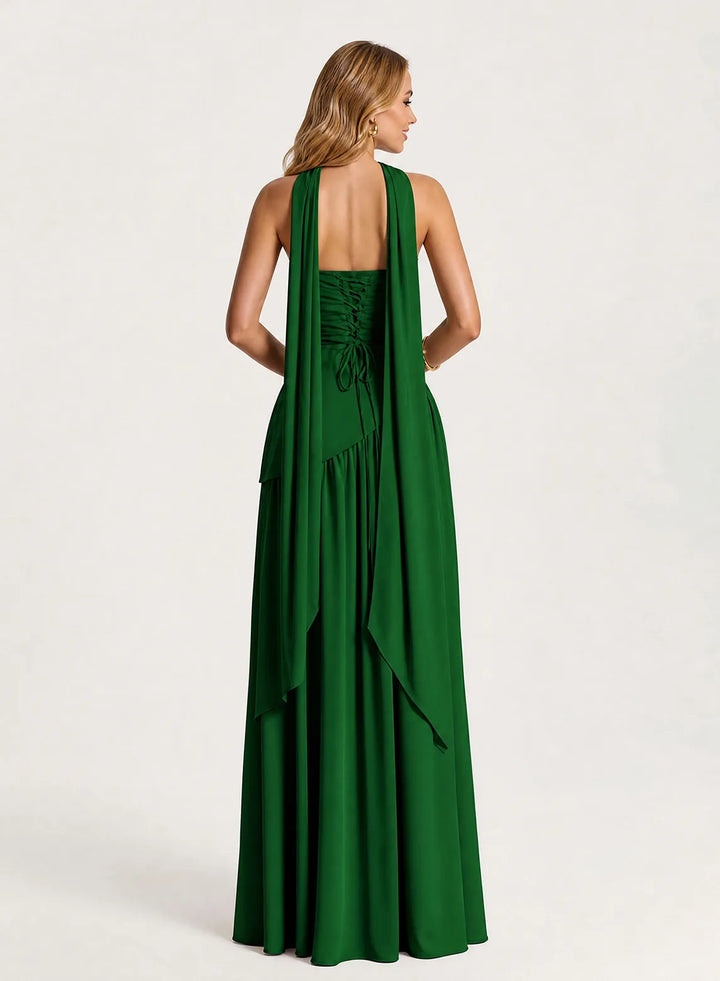 Veloria Chiffon Maxi Dress with High Slit &amp; Scarf Neck