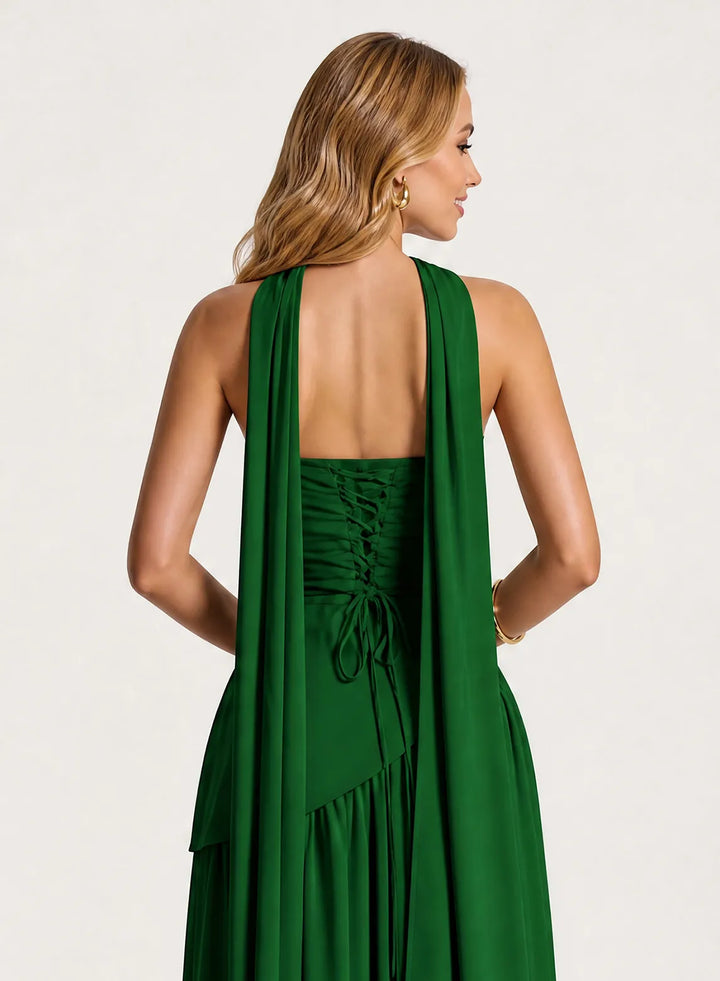 Veloria Chiffon Maxi Dress with High Slit &amp; Scarf Neck