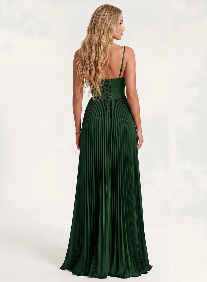 Veloria Satin Pleated Maxi Dress with Slit &amp; Lace-Up Back