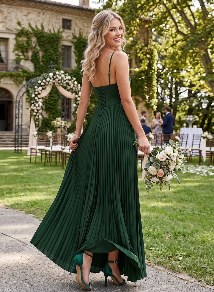 Veloria Satin Pleated Maxi Dress with Slit &amp; Lace-Up Back