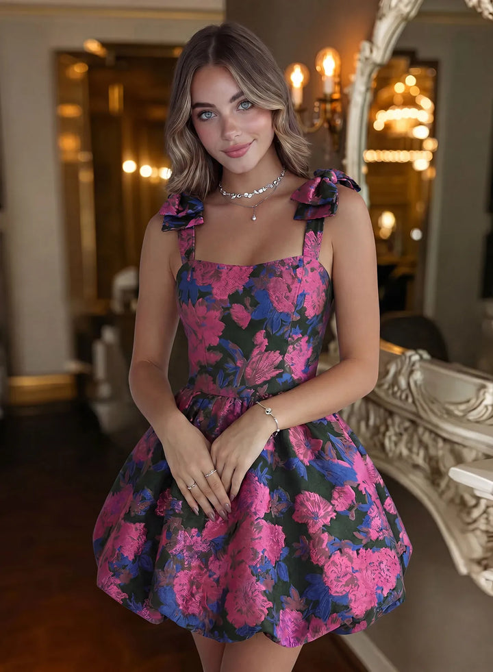 Veloria Floral Bow Strap Bubble Mini Dress