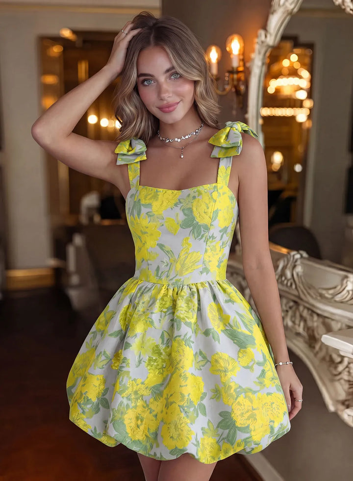 Veloria Floral Bow Strap Bubble Mini Dress
