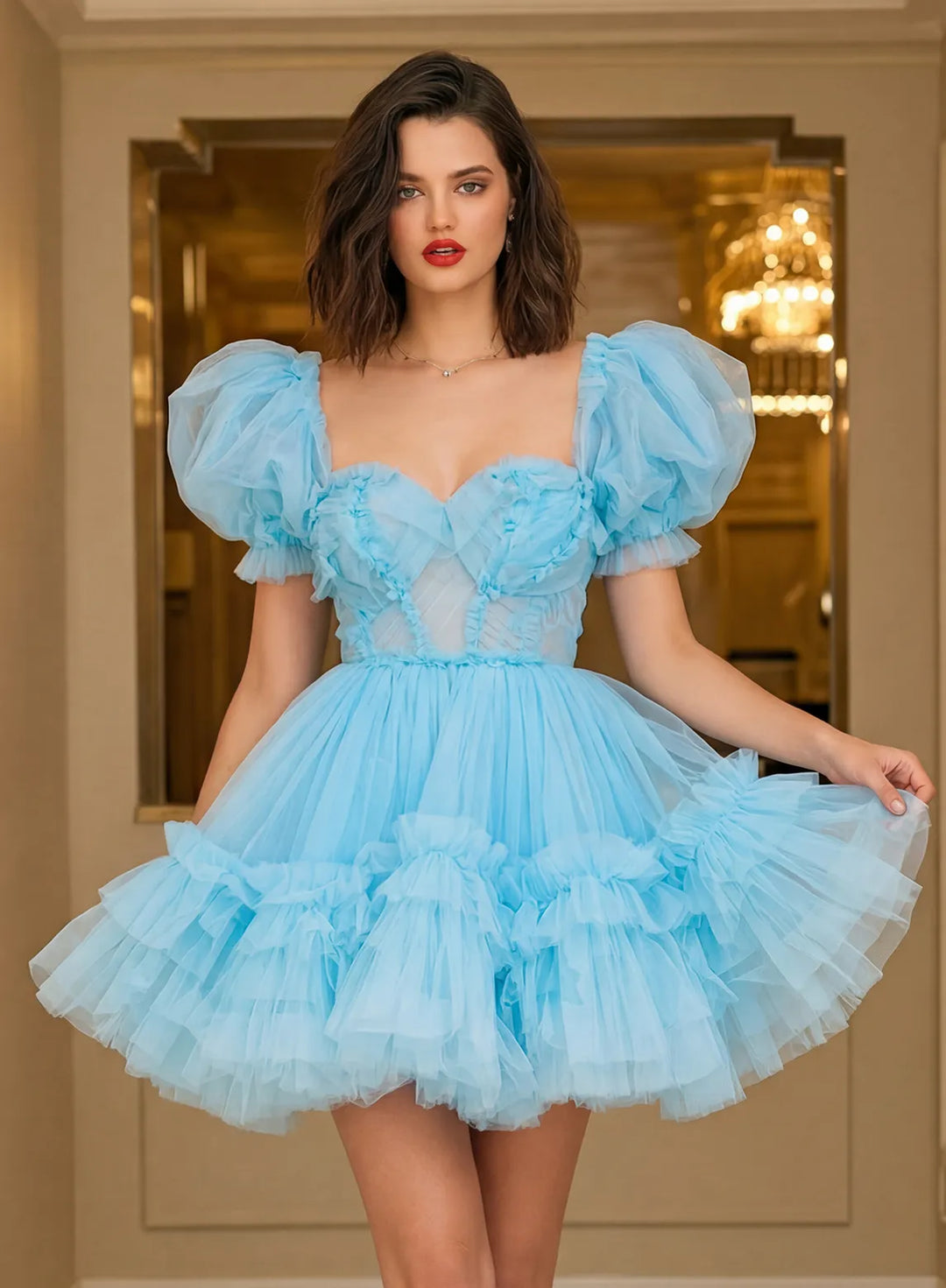 Veloria Sky Blue Tulle Puff Sleeve Corset Mini Dress