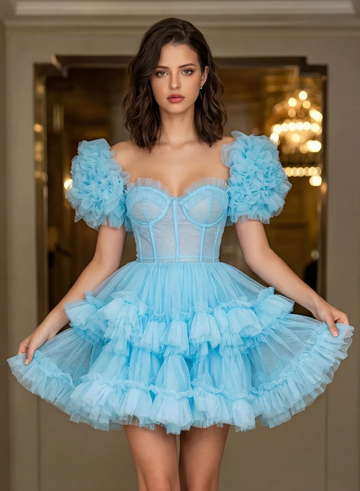 Veloria Sky Blue Ruffle Corset Mini Dress with Puff Sleeves – Fairytale Party Dress