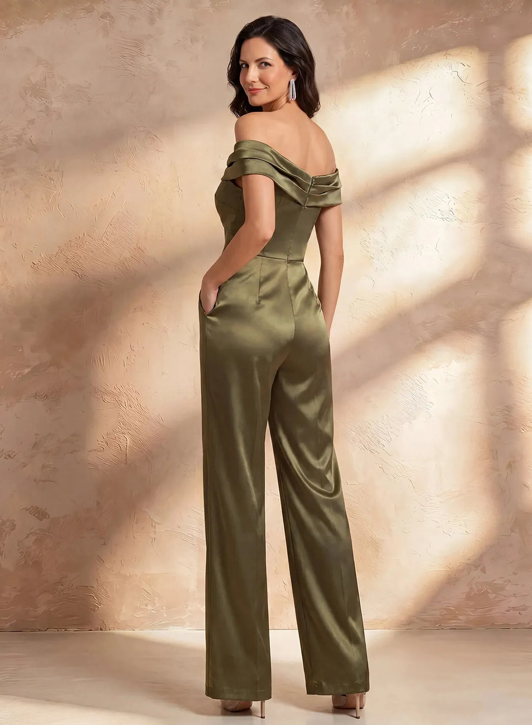 Veloria Olive Satin Off-Shoulder Wide-Leg Jumpsuit