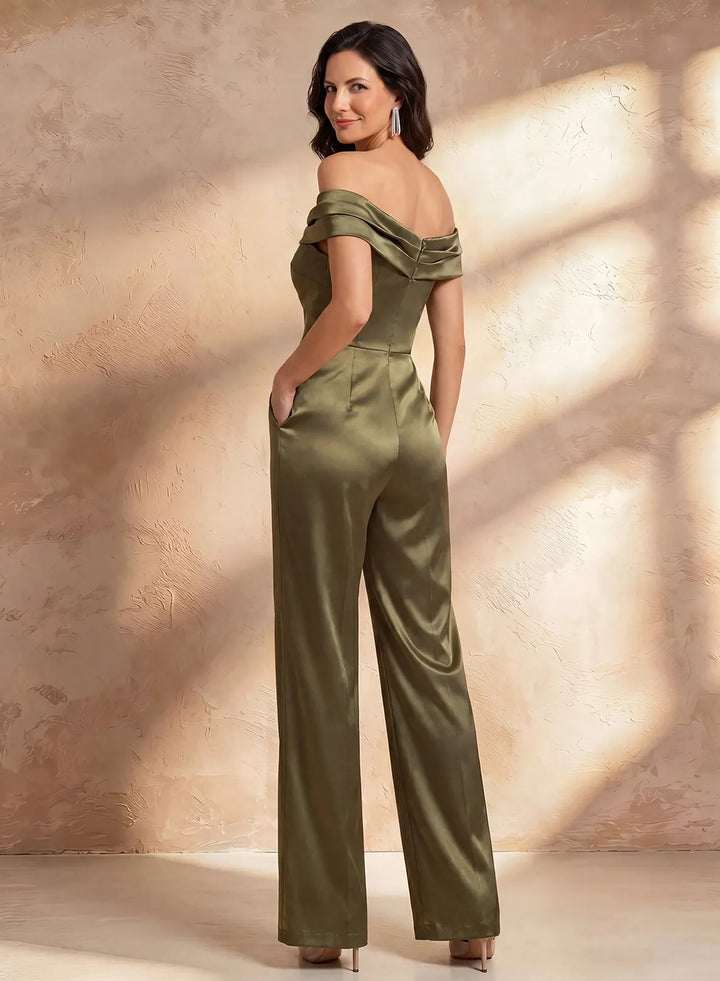 Veloria Olive Satin Off-Shoulder Wide-Leg Jumpsuit
